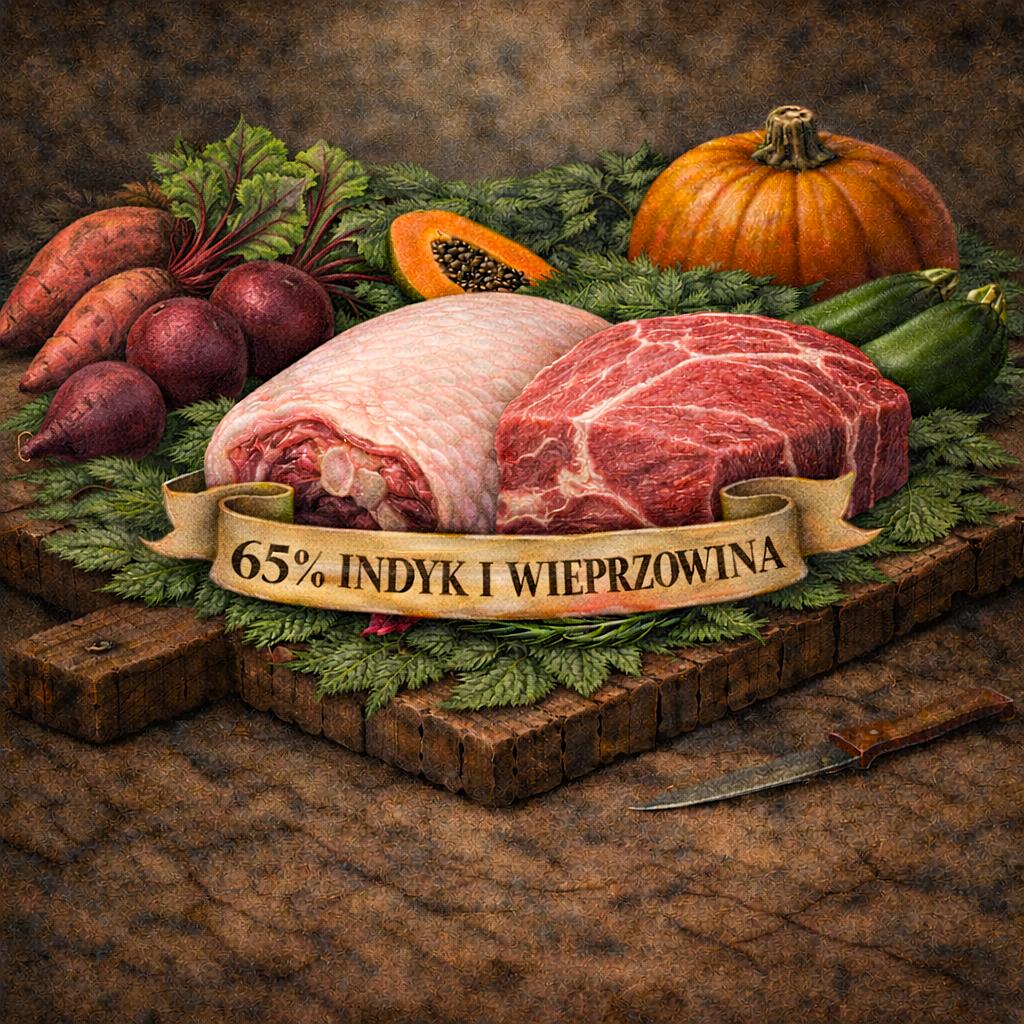 Skład karmy dla szczeniąt 65% indyk i wieprzowina – receptura bezzbożowa premium Sherwood28