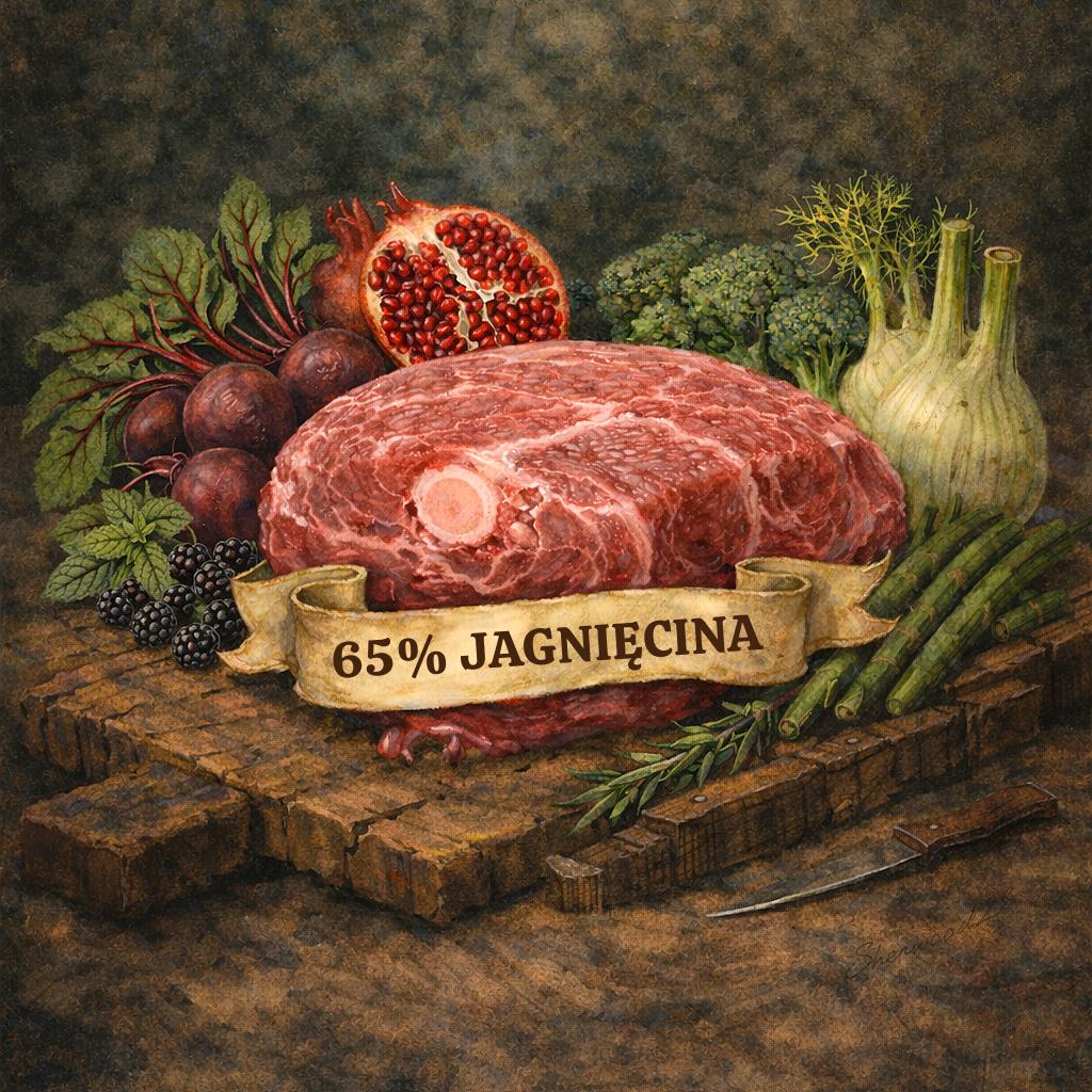 Skład karmy dla psa 65% jagnięcina – receptura bezzbożowa hipoalergiczna premium Sherwood28